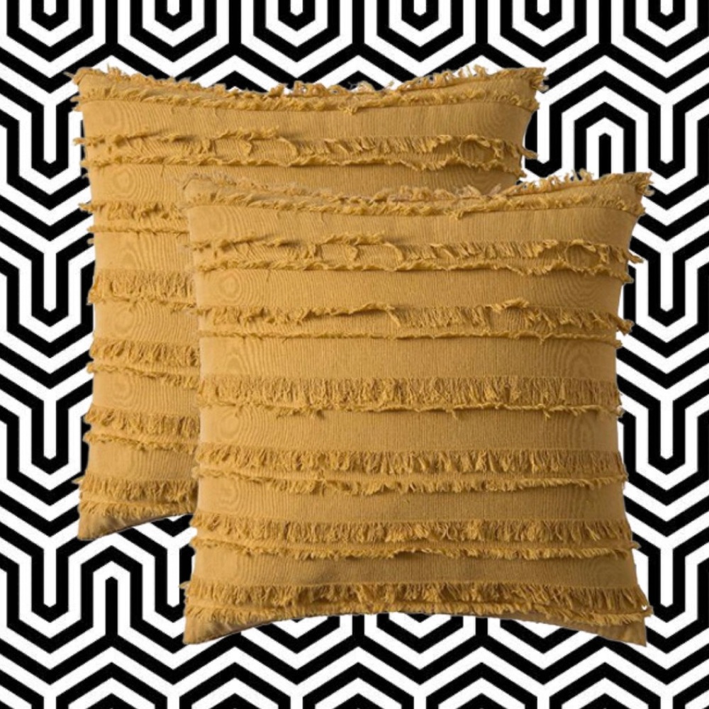 Luxury Home | Oversized Mustard Boho Frayed Edge Striped Jaquard Pillow Covers